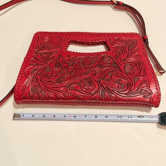 RARE Shazel Red Hand-Tooled Leather Cutout Handel Handbag Crossbody Clutch Bag - Picture 4 of 12